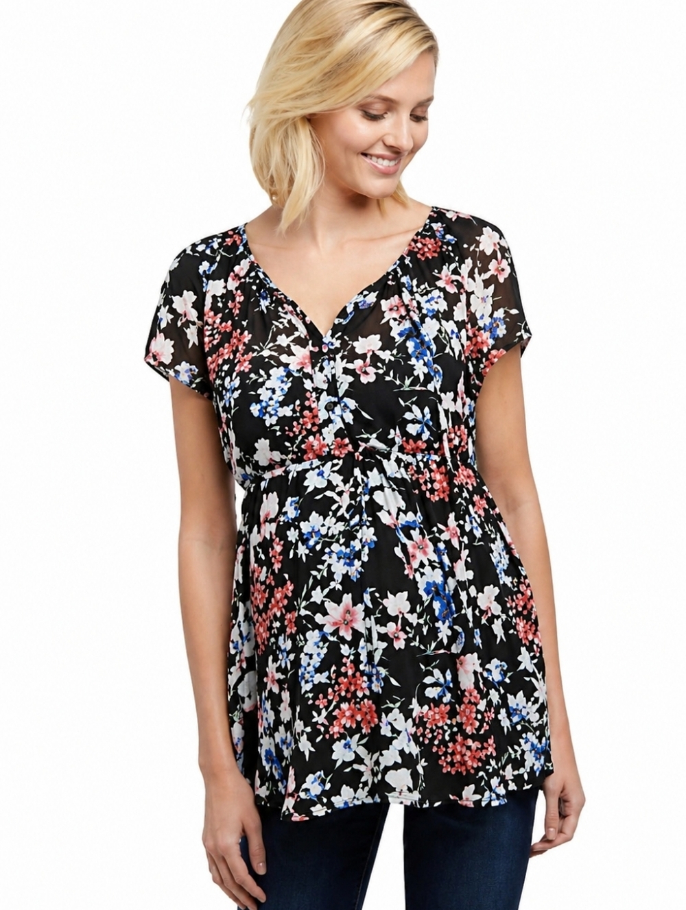 Motherhood Maternity Floral Short Sleeve V Neck Maternity Top with Built in Cami